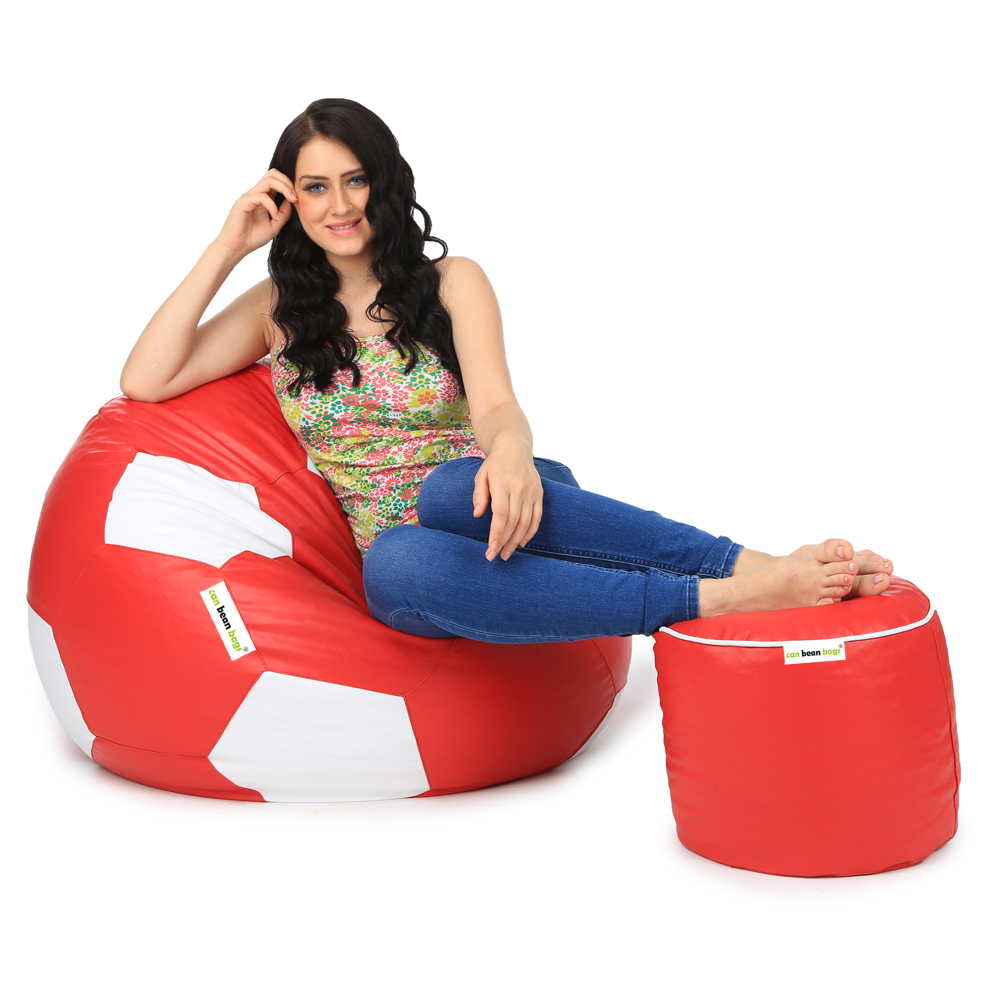 Orka Classic XXL Foorball With Mathching Footstool Filled Bean Bag With Beans (Red, White)